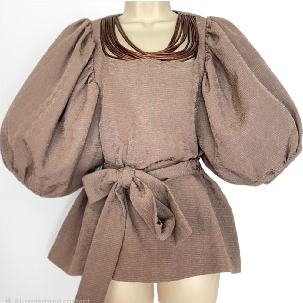 Vintage BCBGeneration Textured Puff Sleeve Taupe Brown Blouse
